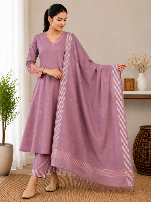 Amethyst Bloom Embroidered 3-Piece Suit Set