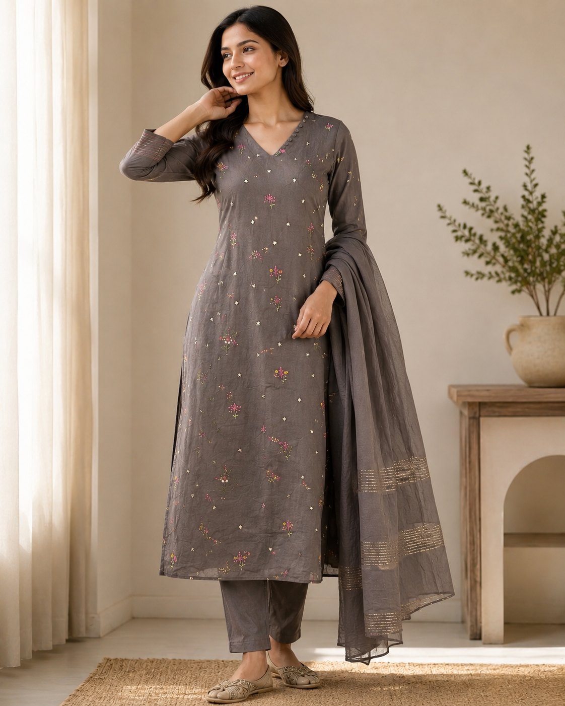 Grey Mulchanderi Embroidered A-Line 3-Piece Suit Set