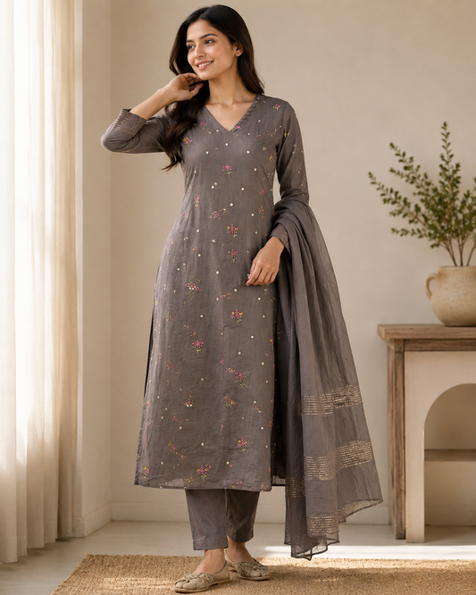 Grey Mulchanderi Embroidered A-Line 3-Piece Suit Set