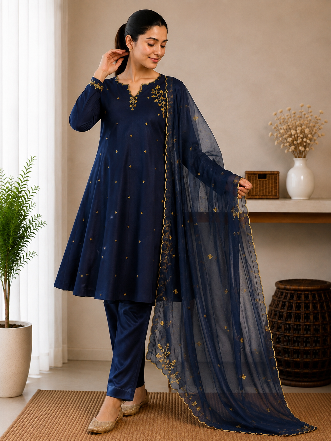 Neel Noor – Midnight Blue Embroidered Suit Set