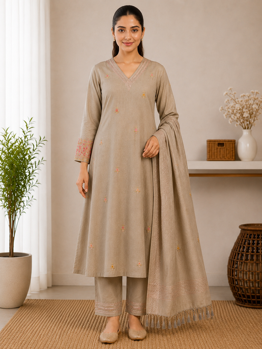 Mehndi Embroidered Cotton Kurta Set with Dupatta