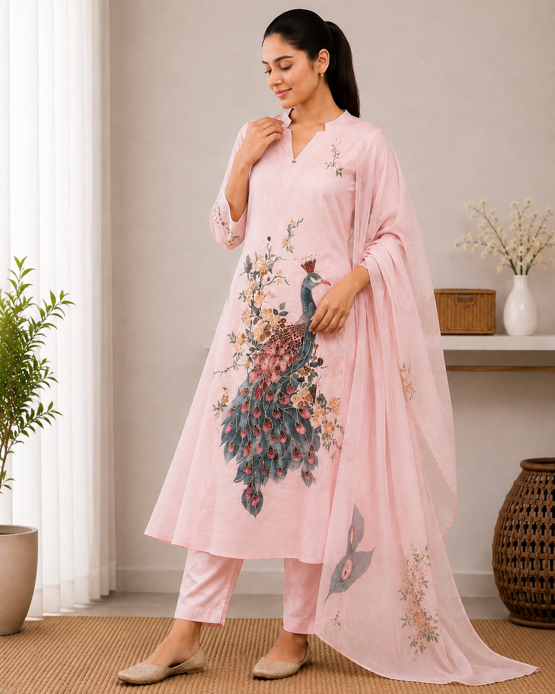 Peacock Printed Cotton Kurta Set with Dupatta
