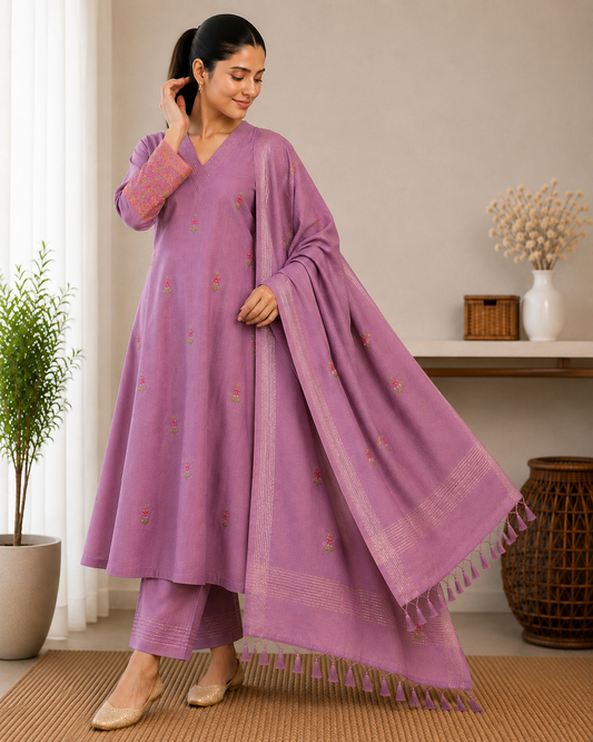 Amethyst Bloom Embroidered 3-Piece Suit Set
