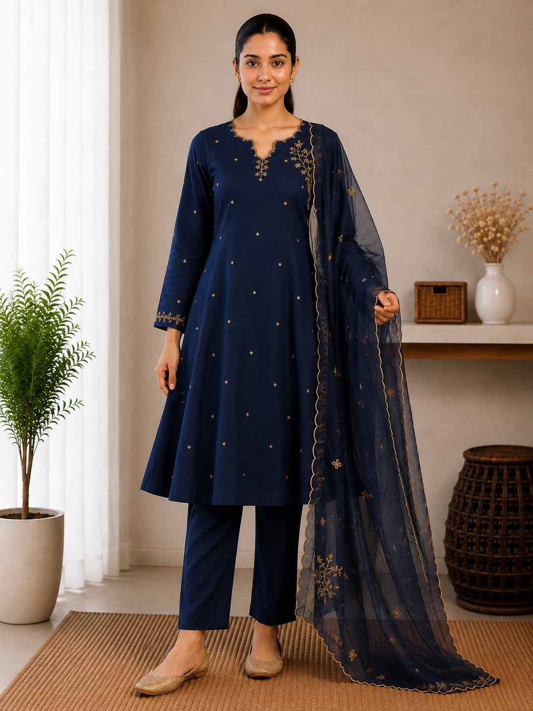 Neel Noor – Midnight Blue Embroidered Suit Set