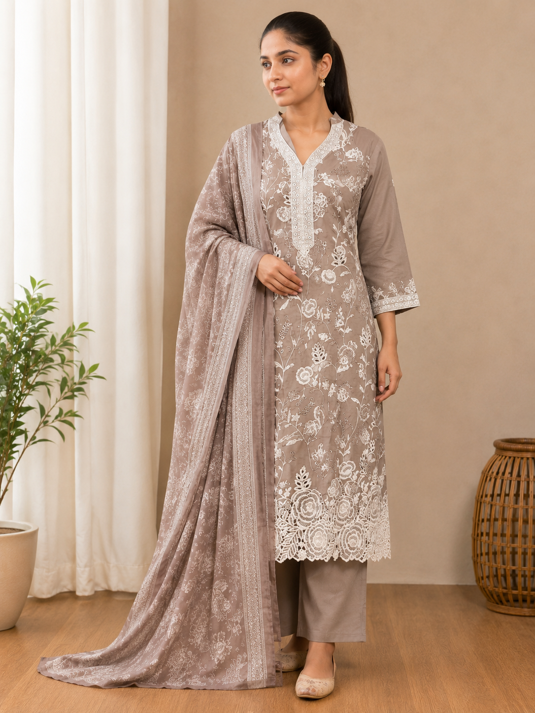 Mocha Noor Cutwork Suit Set