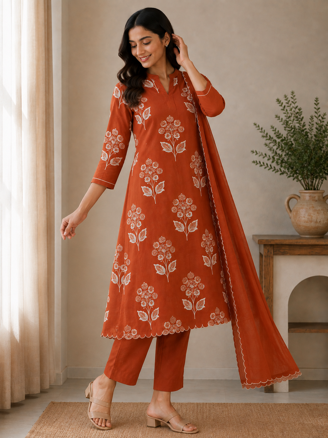 Orange Mulchanderi Printed A-Line 3-Piece Suit Set