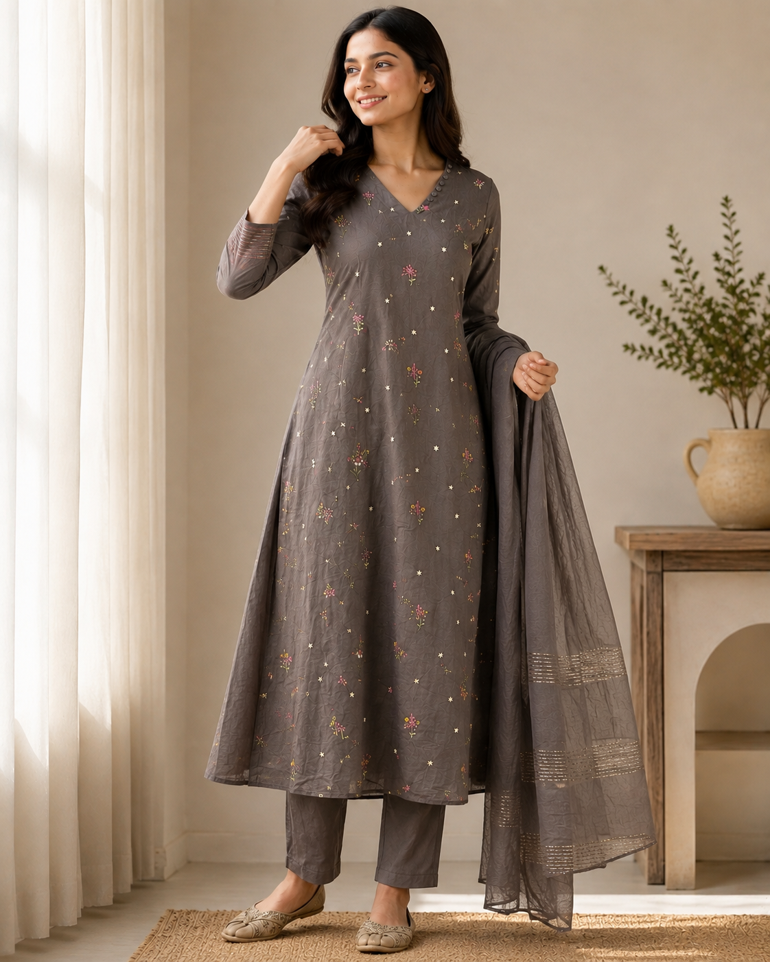 Grey Mulchanderi Embroidered A-Line 3-Piece Suit Set