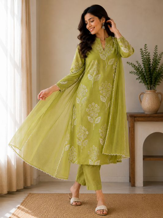 Green Mulchanderi Printed 3-Piece Suit Set