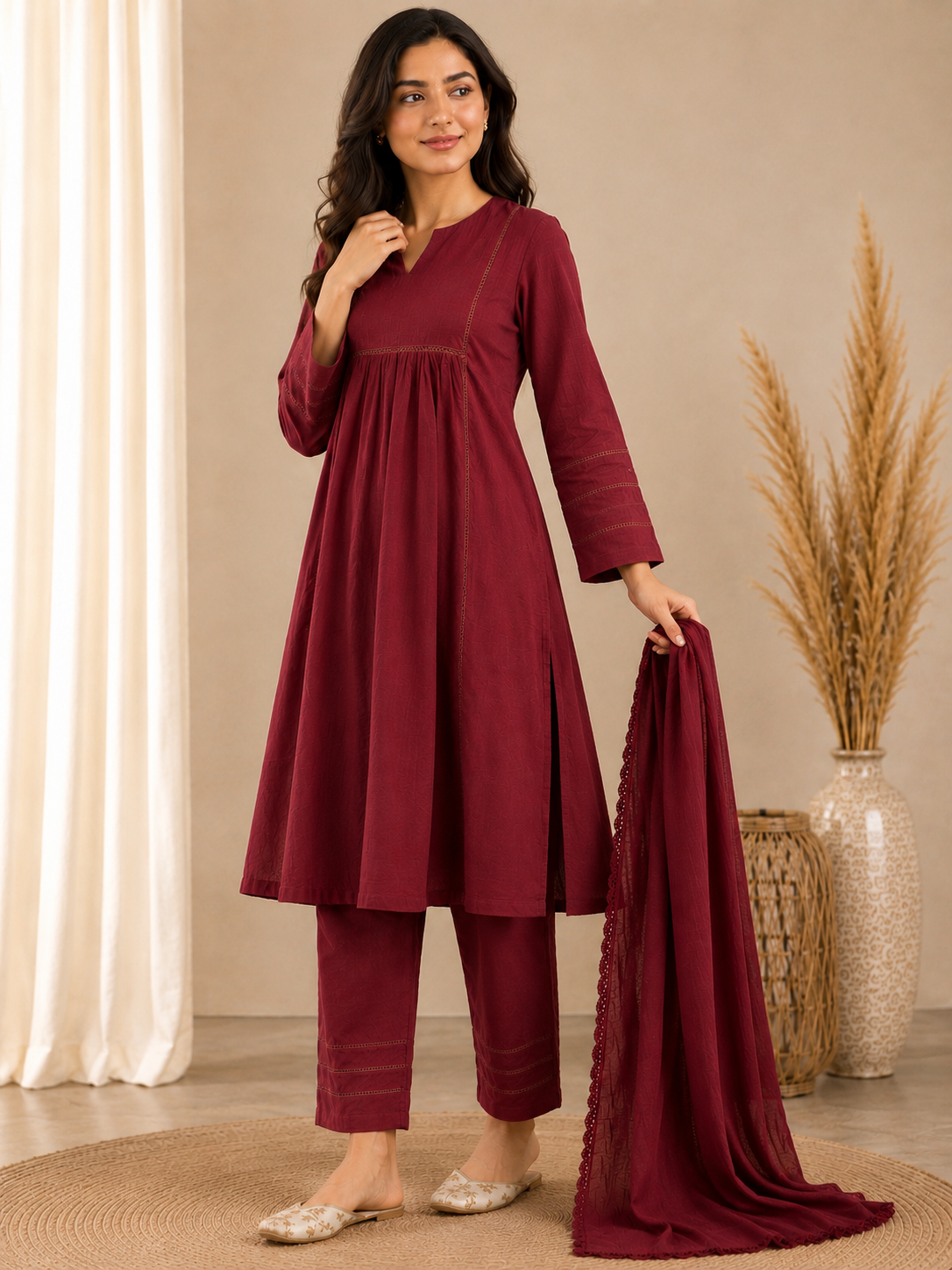 Ruhani Mahroon Kota Doria Suit Set