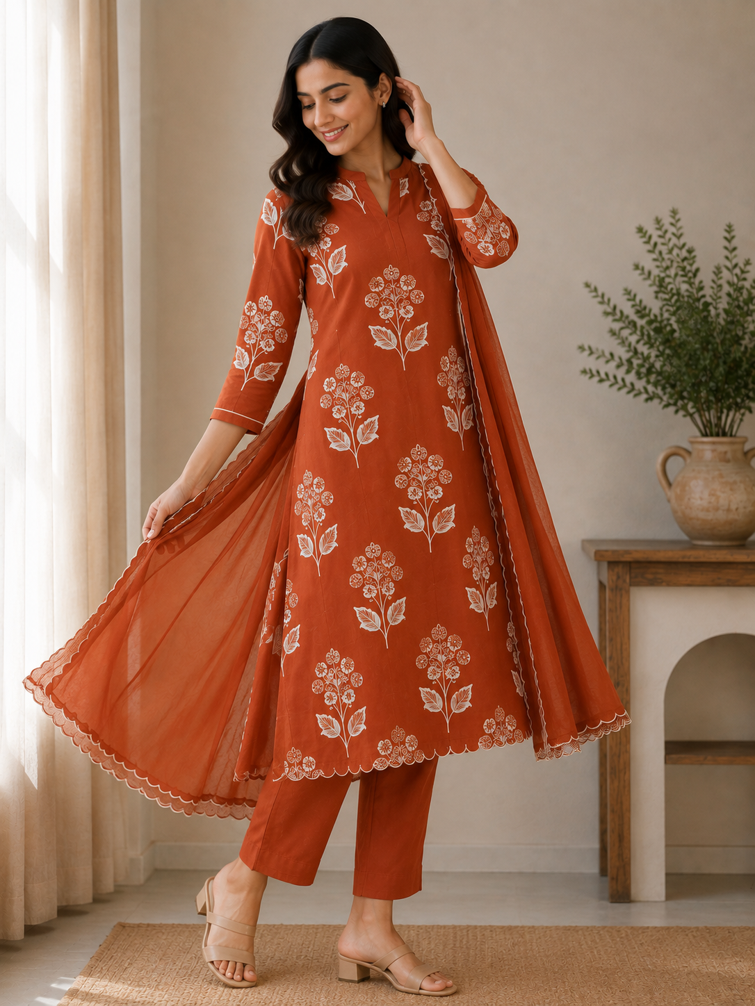 Orange Mulchanderi Printed A-Line 3-Piece Suit Set