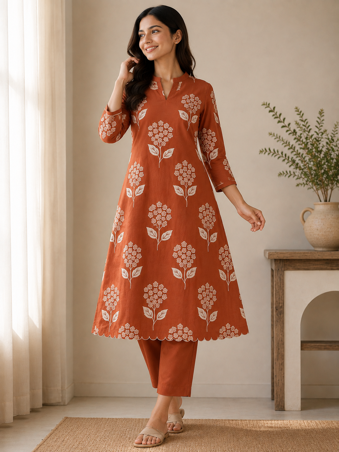 Orange Mulchanderi Printed A-Line 3-Piece Suit Set