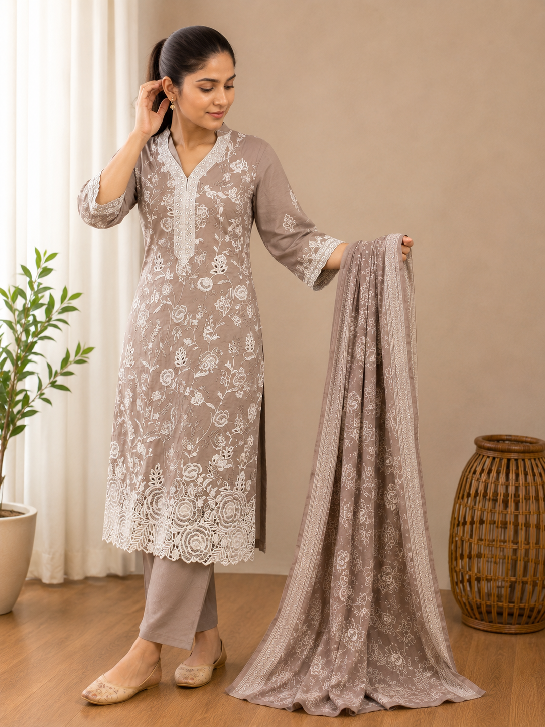 Mocha Noor Cutwork Suit Set