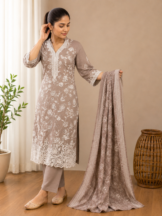 Mocha Noor Cutwork Suit Set
