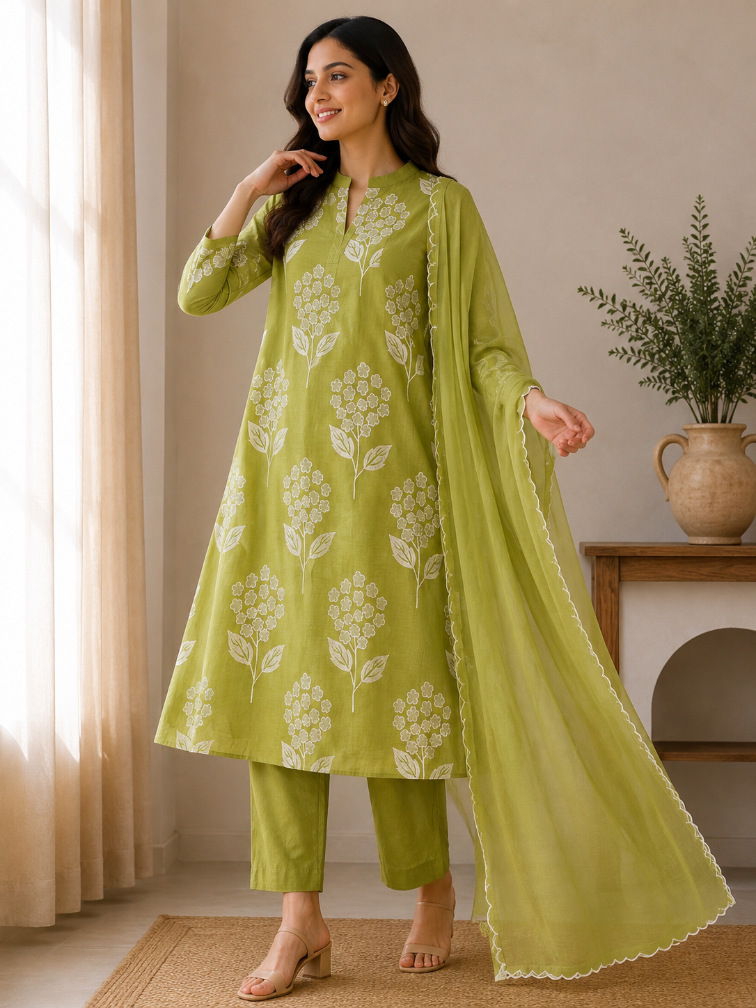 Green Mulchanderi Printed 3-Piece Suit Set