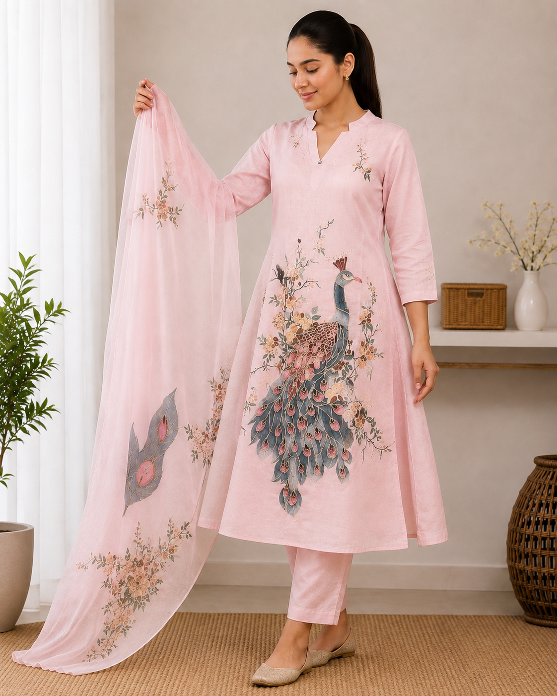 Peacock Printed Cotton Kurta Set with Dupatta