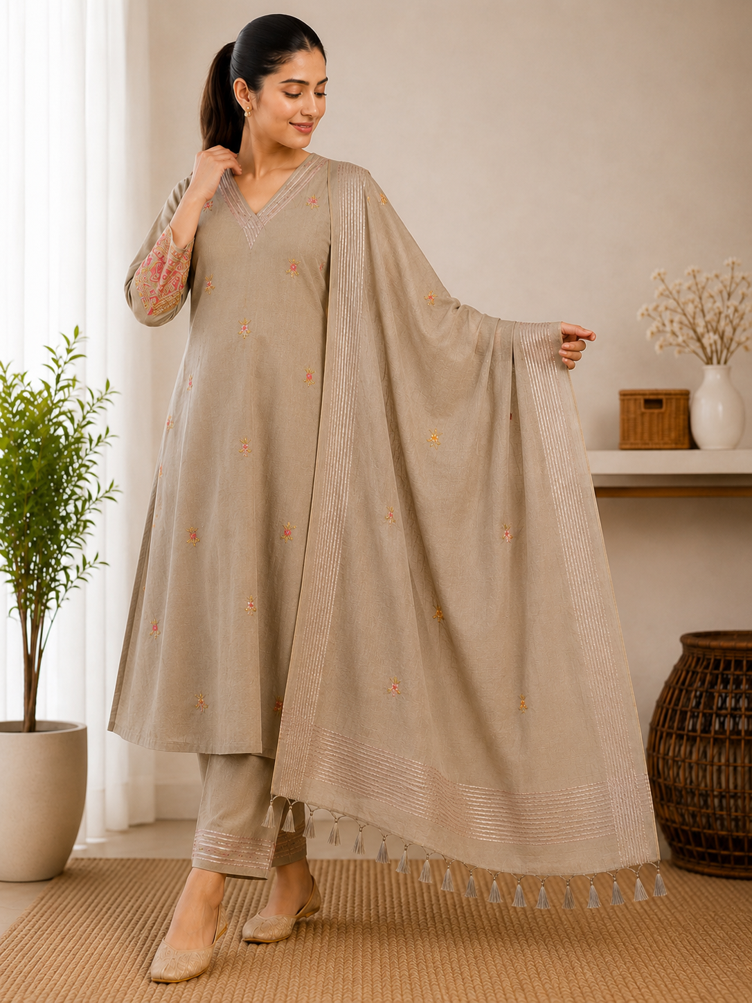 Mehndi Embroidered Cotton Kurta Set with Dupatta