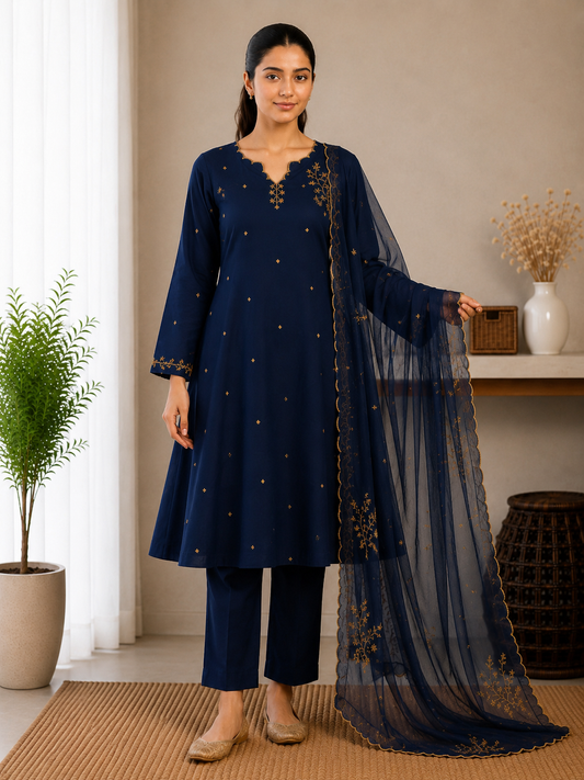 Neel Noor – Midnight Blue Embroidered Suit Set