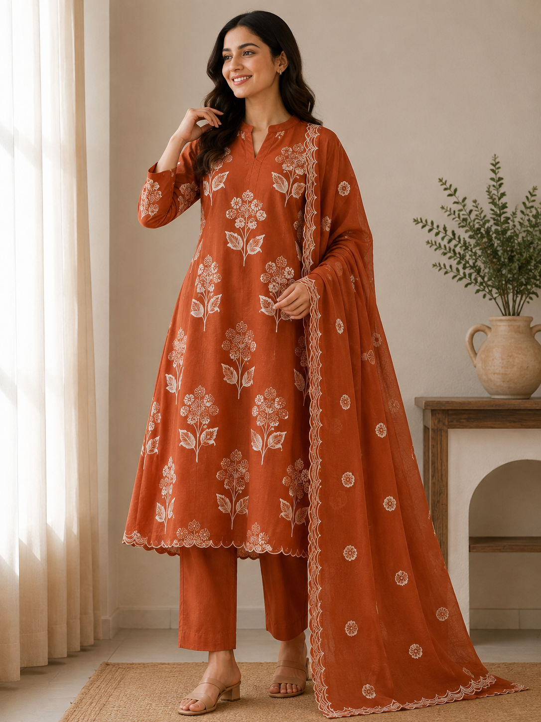Orange Mulchanderi Printed A-Line 3-Piece Suit Set