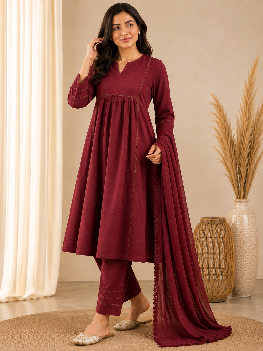 Ruhani Mahroon Kota Doria Suit Set