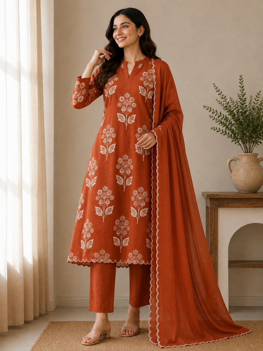 Orange Mulchanderi Printed A-Line 3-Piece Suit Set