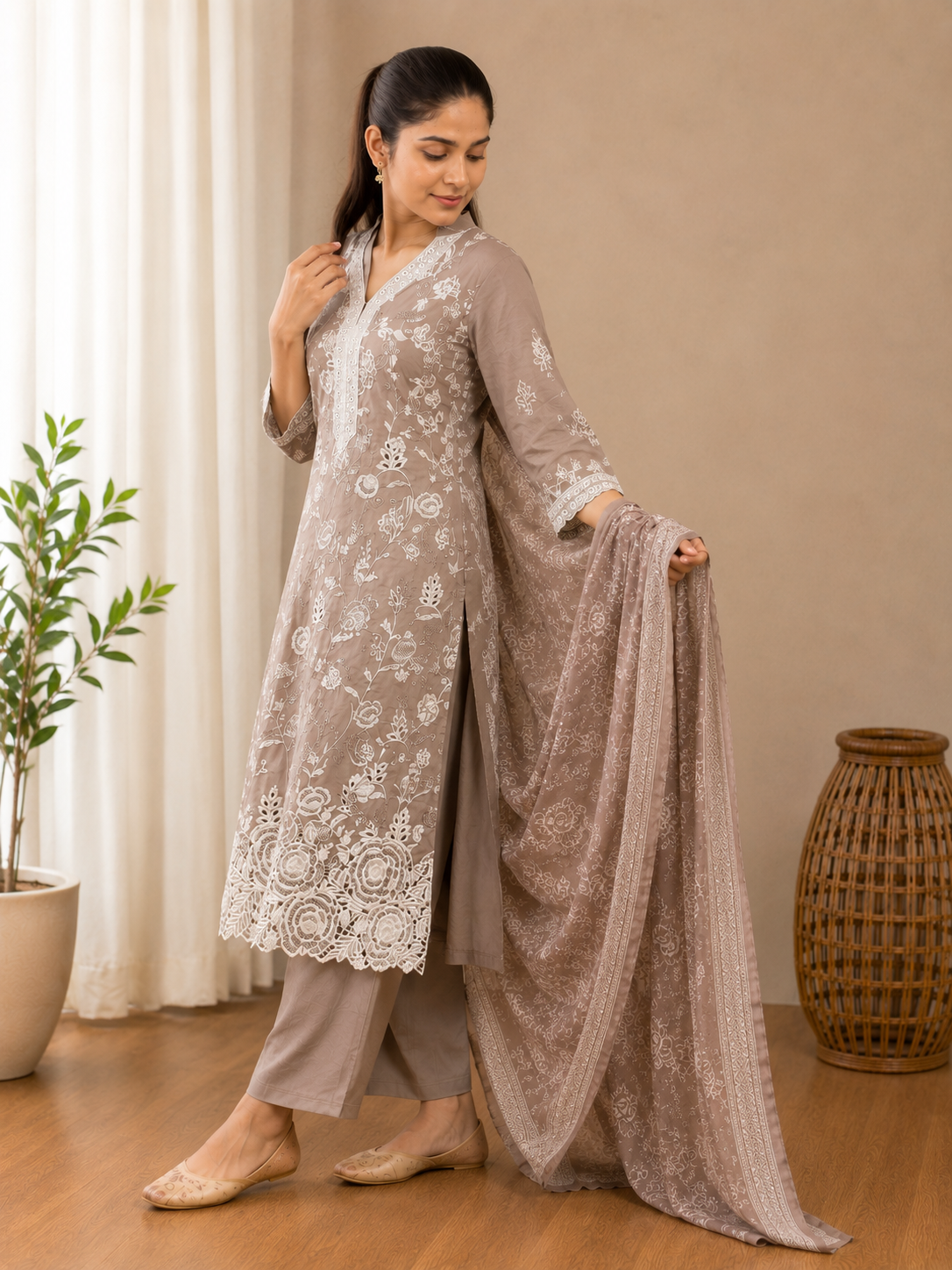 Mocha Noor Cutwork Suit Set