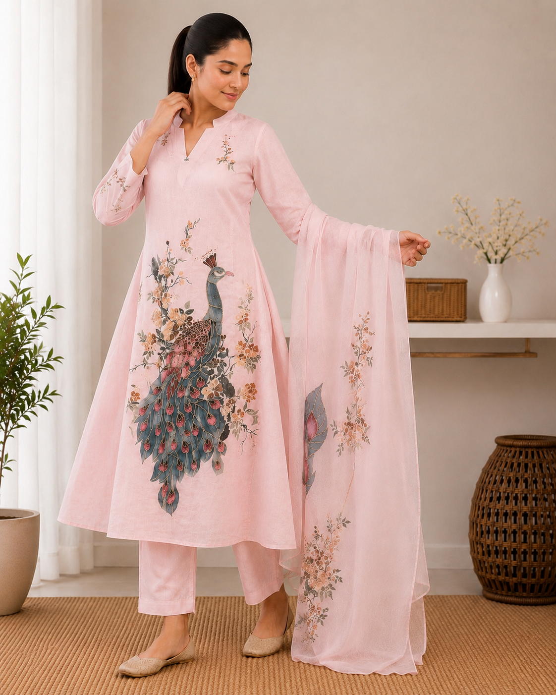 Peacock Printed Cotton Kurta Set with Dupatta
