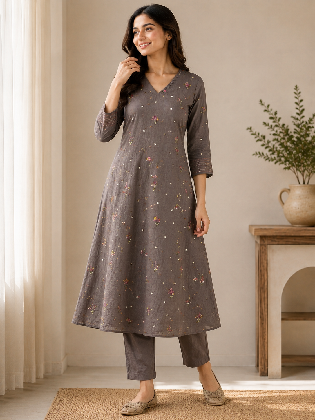 Grey Mulchanderi Embroidered A-Line 3-Piece Suit Set