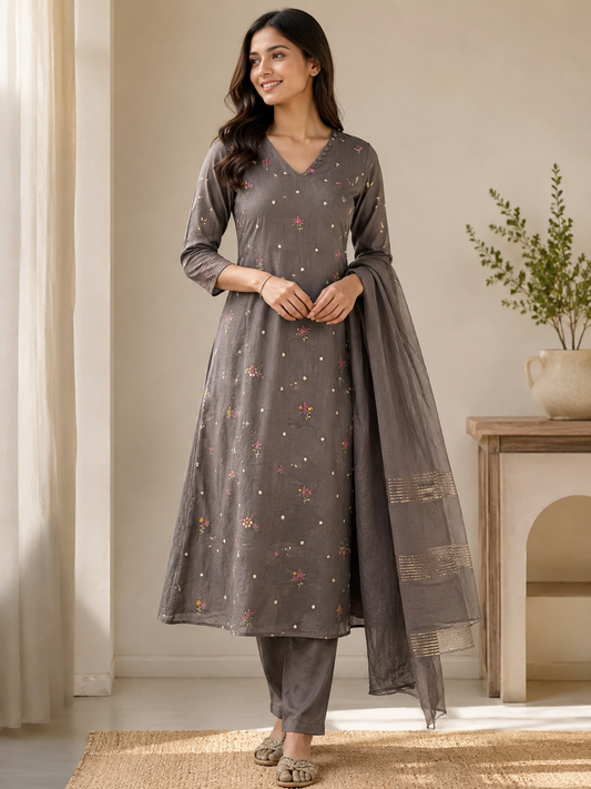 Grey Mulchanderi Embroidered A-Line 3-Piece Suit Set