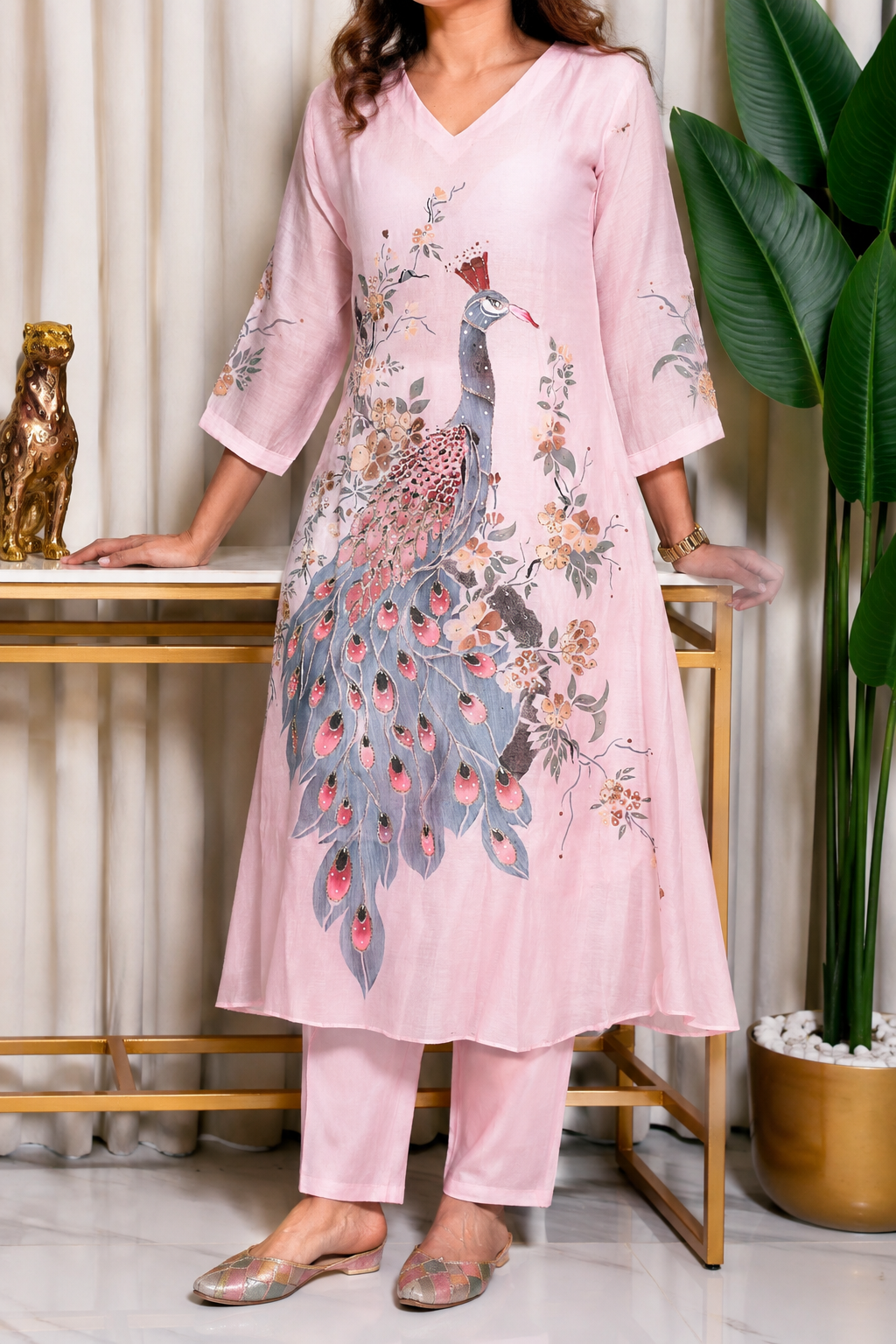 Peacock Printed Cotton Kurta Set with Dupatta