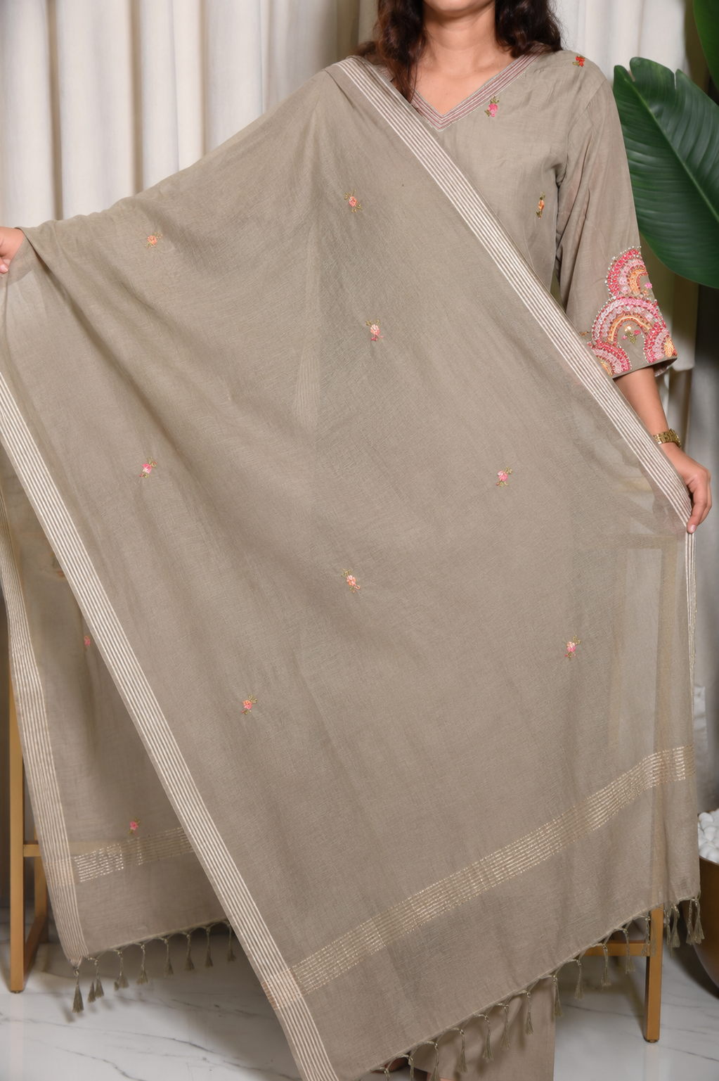 Mehndi Embroidered Cotton Kurta Set with Dupatta