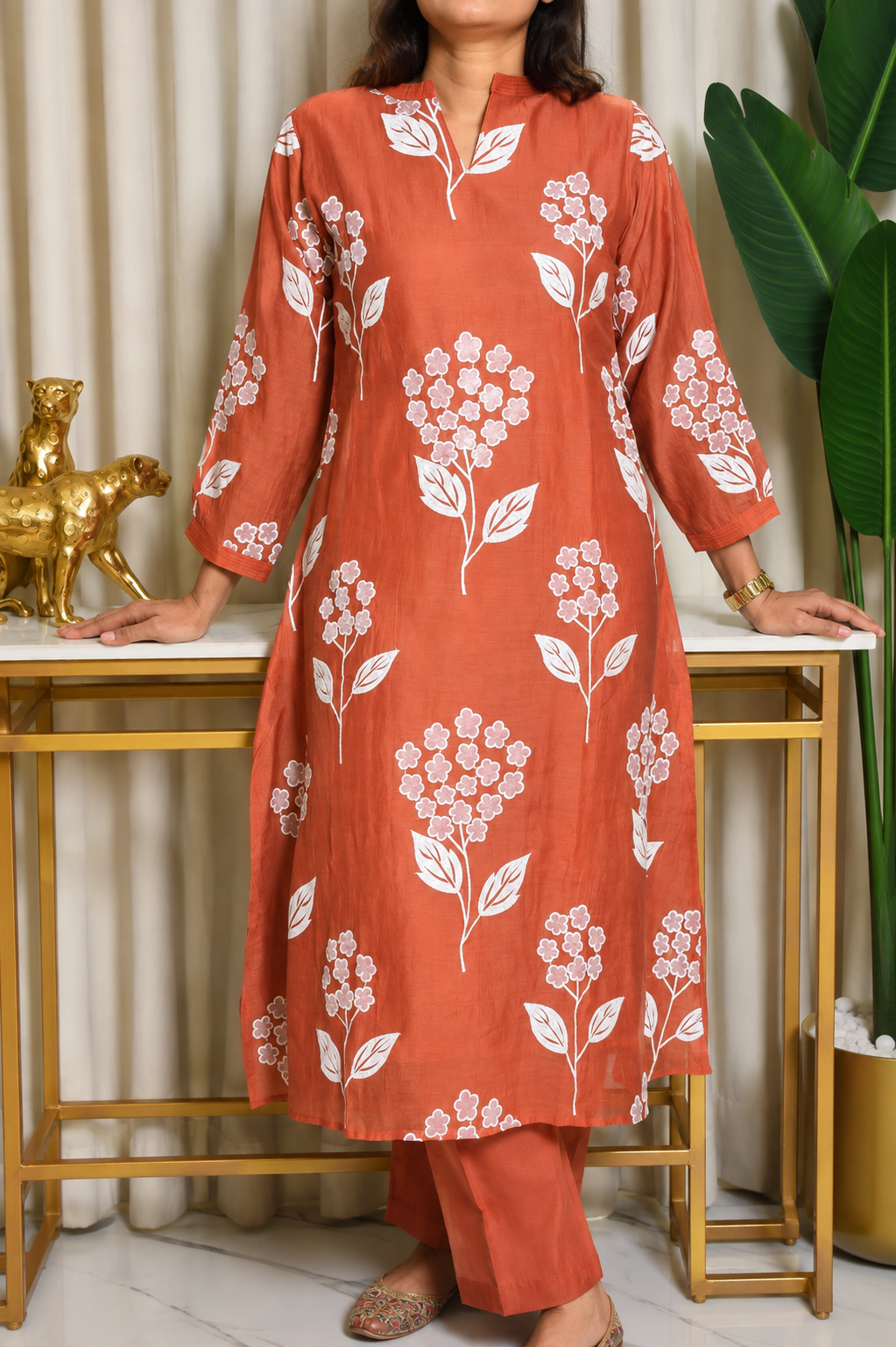 Orange Mulchanderi Printed A-Line 3-Piece Suit Set