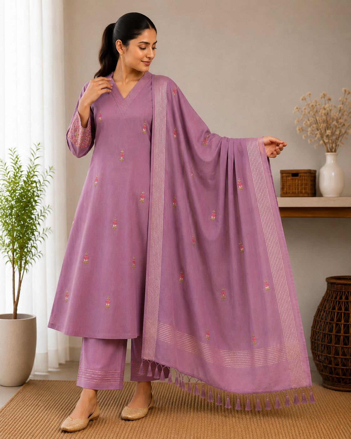Amethyst Bloom Embroidered 3-Piece Suit Set