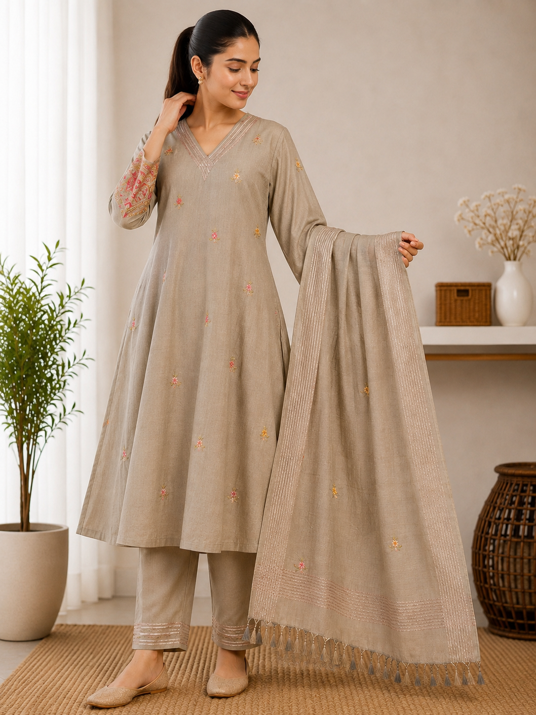 Mehndi Embroidered Cotton Kurta Set with Dupatta
