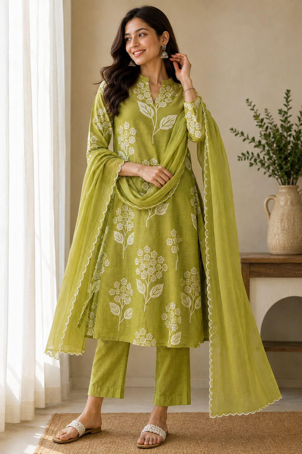 Green Mulchanderi Printed 3-Piece Suit Set